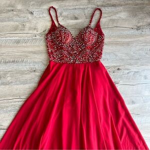 Jovani Sequin Beaded Bodice Red Gown Low Back Flowy